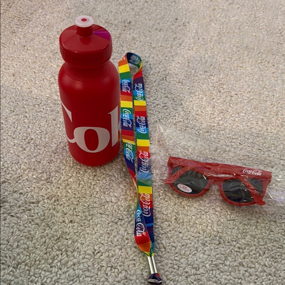 Coca Cola Red Sunglasses squeezer bottle, and landyard: Bold Accessories